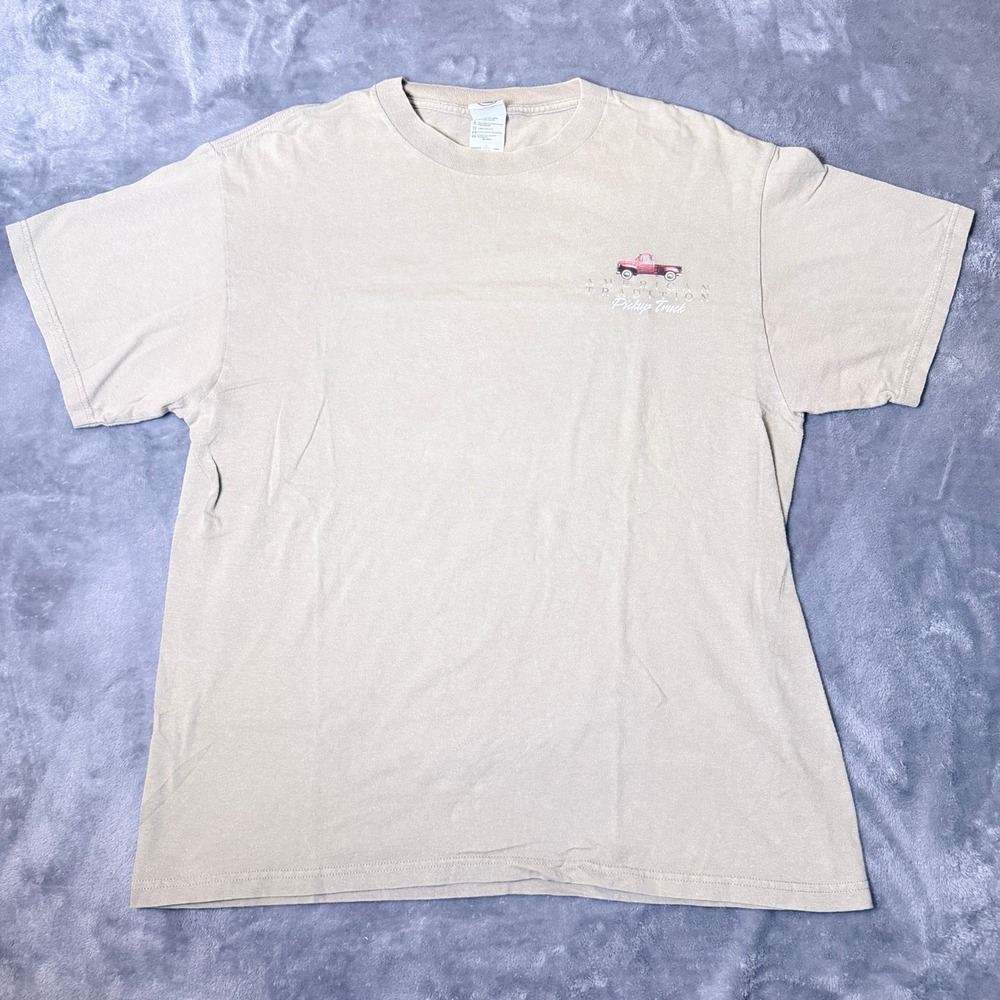 VTG Delta 90s Size L American Tradition Pickup Truck Graphic T Shirt Tan Flag